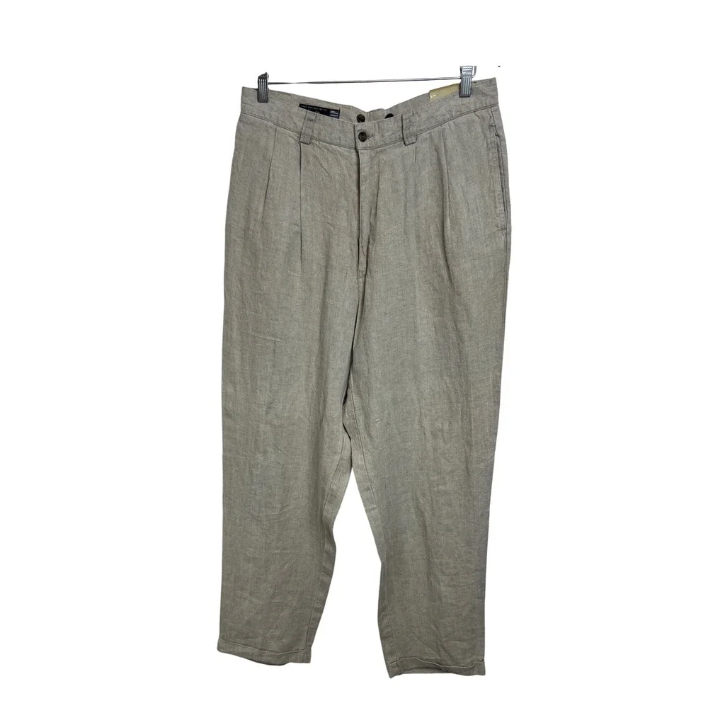 Gap Linen Easy Fit Pants Mens 34x32 Pleated Full Leg Cuffed 112203-01-1 Tan G18